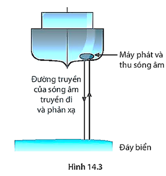 Người ta ứng dụng hiện tượng phản xạ sóng âm để đo độ sâu của biển. Sóng âm có tần số cao (siêu âm) từ con tàu trên mặt biển phát ra truyền tới đáy biển (Hình 14.3). (ảnh 1)