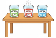 Trên bàn có ba cốc nước. Nhiệt độ cốc nước khoáng là 25oC. Nhiệt độ cốc nước nóng (ảnh 1)