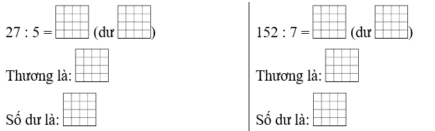 Số? 27 : 5 = 1 (dư 1) Thương là: 1 Số dư là: 1 (ảnh 1)