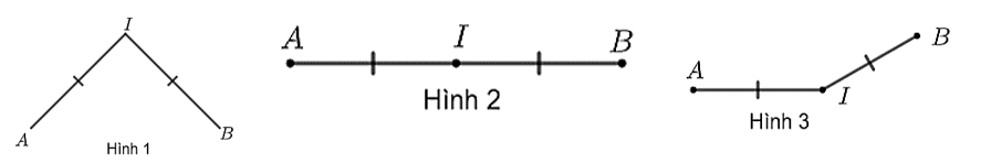 Hình nào dưới đây thể hiện \(I\) là trung điểm của đoạn thẳng \(AB?\) (ảnh 1)