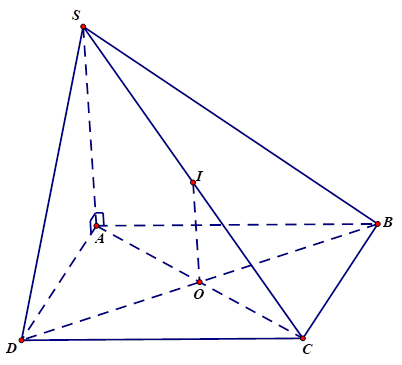 Cho hình chóp S.ABCD có đáy ABCD là hình vuông tâm O, SA vuông góc (ABCD). Gọi I là trung điểm của SC. Khoảng cách từ I đến mặt phẳng (ABCD) bằng độ dài đoạn thẳng nào? (ảnh 1)