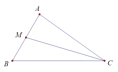 Cho tam giác ABC có AB = 8,AC = 5, góc BAC= 120 độ. Gọi M là trung điểm cạnh AB. (ảnh 1)
