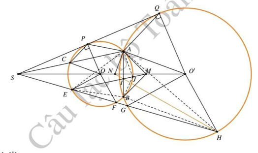 Cho hai đường tròn ( {O;R} và ( {O';R'}  cắt nhau tại 2 điểm phân biệt (ảnh 1)