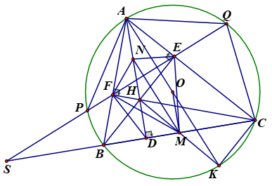 Cho tam giác ABC nhọn (AB < AC) nội tiếp đường tròn (O), các đường cao AD, BE, CF đồng quy tại (ảnh 1)