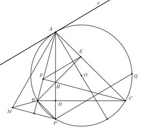 Cho tam giác nhọn \(ABC\) với \(AB < AC\) nội tiếp đường tròn (ảnh 1)