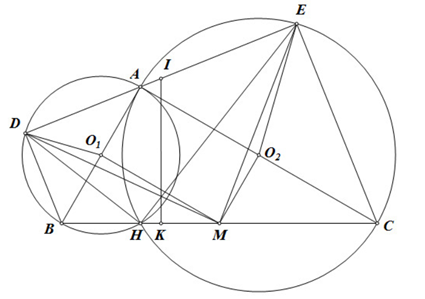 Cho tam gi&aacute;c ABC vu&ocirc;ng tại A với AB = c, AC = b. Vẽ đường tr&ograve;n t&acirc;m O1 đường k&iacute;nh AB v&agrave; đường tr&ograve;n t&acirc;m O2 đường (ảnh 1)