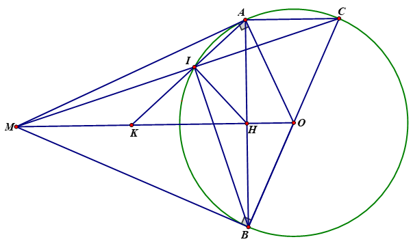 Cho đường tròn tâm O và một điểm M nằm ngoài đường tròn đó. Kẻ các tiếp tuyến (ảnh 1)