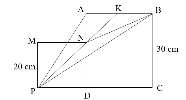 Trong hình vẽ bên, ABCD và MNDP là hai hình vuông. Biết AB = 30 cm, MN = 20 cm. (ảnh 1)