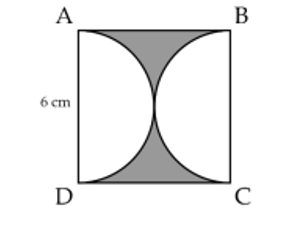 Cho hình vuông ABCD có cạnh bằng 6 cm. Vẽ 2 nửa hình tròn đường (ảnh 1)