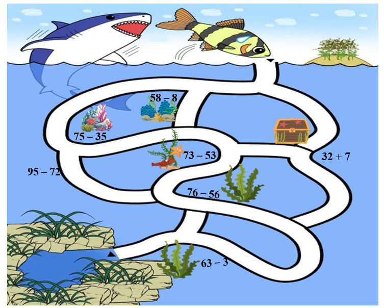 Để thoát khỏi sự truy đuổi của cá mập, cá con phải đi qua hết các bụi rong biển cạnh phép tính (ảnh 1)
