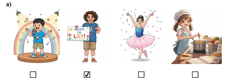 a) Em hãy đánh dấu ☑ vào bức tranh có hình ảnh bạn nhỏ đang giới thiệu về bản thân mình. (ảnh 2)