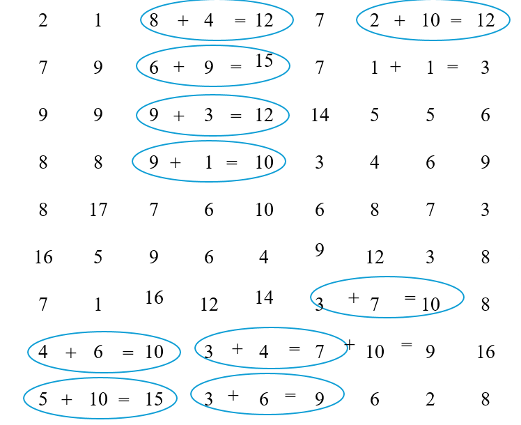 Khoanh vào ba số cạnh nhau để tạo thành phép cộng đúng (theo mẫu): (ảnh 2)