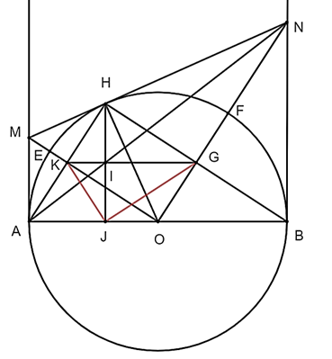 Cho đường tr&ograve;n (O), đường k&iacute;nh AB. Đường thẳng nằm ngo&agrave;i đường tr&ograve;n d_1, d_2 l&agrave; c&aacute;c đường thẳng lần lượt qua A, B v&agrave; c&ugrave;ng vu&ocirc;ng g&oacute;c với đường k&iacute;nh AB. (ảnh 2)