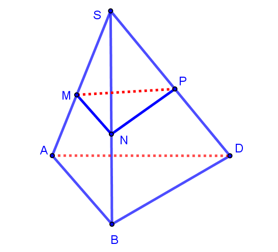 Cho hình chóp tam giác S.ABD Gọi M,N,P lần lượt là trung điểm SA,SB,SD (ảnh 1)