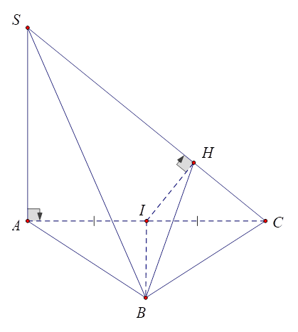 Cho hình chóp S.ABC có đáy ABC là tam giác cân tại B, cạnh bên  =a^2 căn bậc hai của 3 /4 vuông góc với đáy, I là trung điểm AC, H là hình chiếu của I lên SC. Khẳng định nào sau đây đúng? (ảnh 1)
