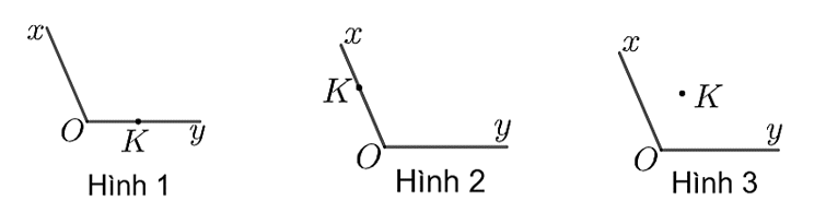 Hình nào dưới đây thể hiện điểm \(K\) nằm trong góc \(xOy?\) (ảnh 1)