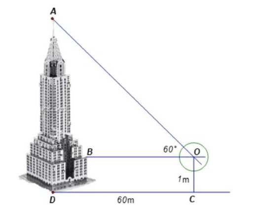Xác định chiều cao của một tháp mà không cần lên đỉnh của tháp. Đặt kế giác thẳng đứng cách chân tháp một khoảng CD = 60m (ảnh 1)