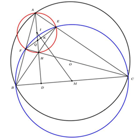 Cho tam giác \(ABC\) có ba góc nhọn ( {AB < AC),\] nội tiếp đường tròn (ảnh 1)