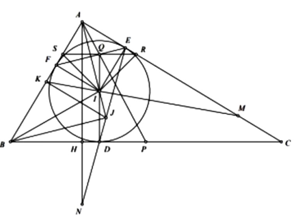 Cho tam giác ABC vuông tại A (AB < AC), có đường cao AH. Đường tròn tâm I nội tiếp tam giác ABC, (ảnh 1)