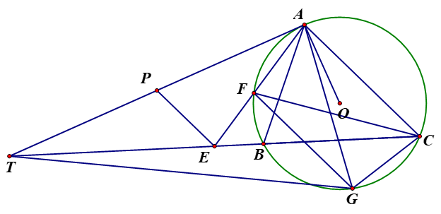 Cho tam giác ABC nhọn với AB < AC nội tiếp trong đường tròn (O) có tiếp tuyến tại A của (ảnh 1)
