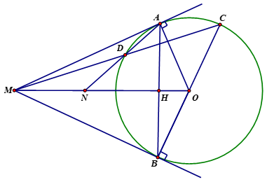 Cho đường tròn \(\left( O \right)\) và điểm \(M\) nằm ngoài đường tròn .Từ điểm \(M\) kẻ hai tiếp tuyến (ảnh 1)