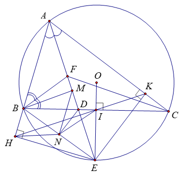 Cho đường tròn \[(O)\] và \[BC\] là một dây cung khác đường kính của \[(O),\] \[A\] (ảnh 1)