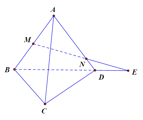 Cho bốn điểm A,B,C,D không cùng nằm trong một mặt phẳng. Trên AB,AD lần lượt lấy các điểm M và N sao cho MN cắt BD tại E. Điểm E không thuộc mặt phẳng nào sau đây? (ảnh 1)