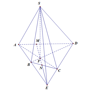 Trong mặt phẳng P, cho tứ giác ABCD có AB cắt CD tại E (ảnh 1)