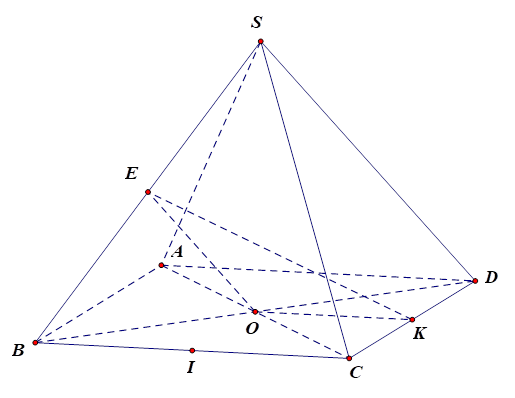 Cho hình chóp S.ABCD có đáy ABCD là hình bình hành tâm O. Gọi E,I,K lần lượt là trung điểm của các cạnh SB,BC,CD. Mặt phẳng nào sau đây song song với (SAD). (ảnh 1)