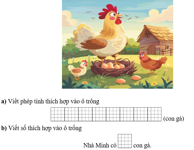 Đàn gà nhà Minh có 56 con. Mẹ đã bán đi 34 con gà, sau đó mua thêm 15 con gà con. Hỏi nhà Minh có bao nhiêu con gà? (ảnh 1)