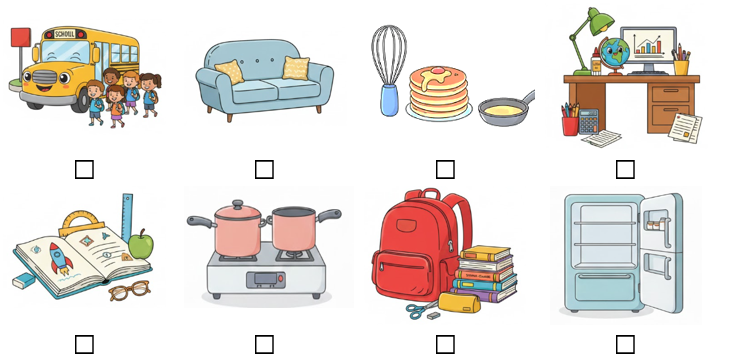 a) Đánh dấu ☑ vào những bức ảnh có đồ dùng học tập. (ảnh 1)