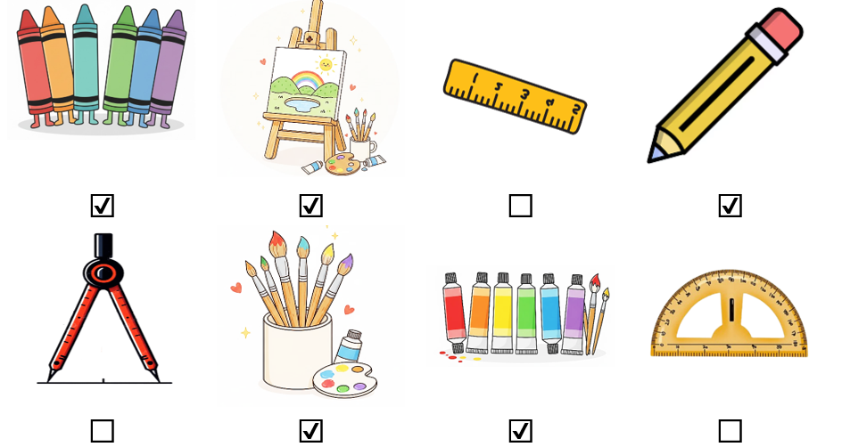 a) Đánh dấu ☑ vào những đồ dùng được sử dụng để vẽ tranh. (ảnh 2)