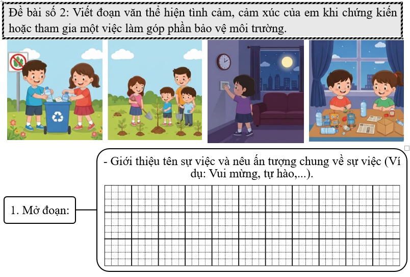 Đề bài số 2: Viết đoạn văn thể hiện tình cảm, cảm xúc của em khi chứng kiến hoặc tham gia một việc làm góp phần bảo vệ môi trường. (ảnh 1)