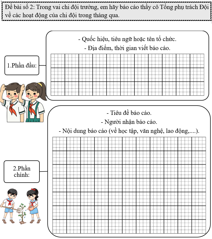 Đề bài số 3: Viết báo cáo kết quả của tổ em khi tham gia cuộc thi vẽ tranh “Em yêu hòa bình” hoặc một cuộc thi khác do nhà trường phát động.     (ảnh 1)