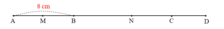 Cho 4 điểm A, B, C, D thẳng hàng. Biết M là trung điểm của đoạn thẳng AB và B là trung điểm của đoạn thẳng AN. Tính MN biết AB = 8 cm. (ảnh 1)