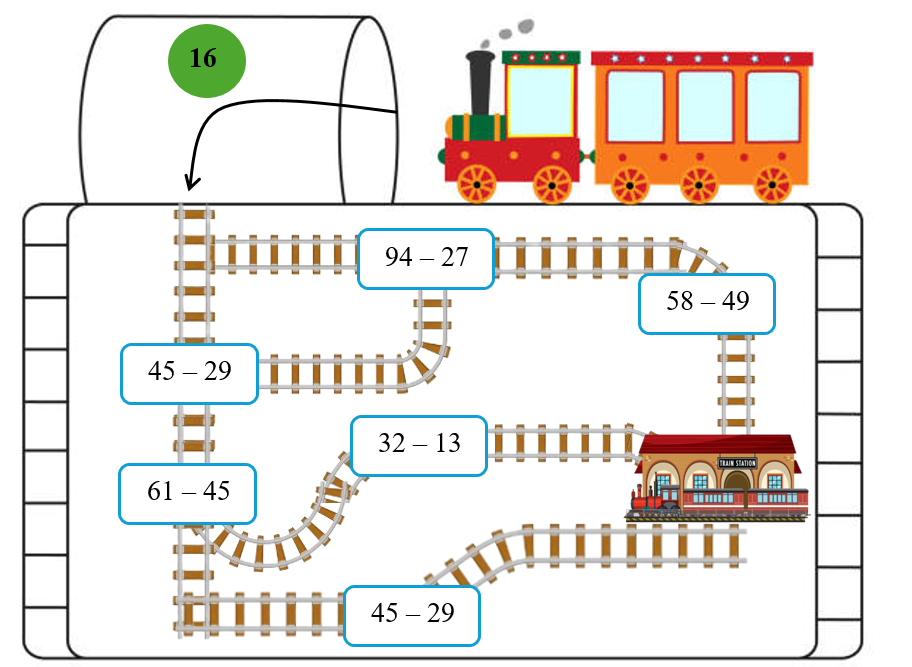 Để về ga, đoàn tàu phải đi qua các ô ghi phép tính có kết quả là 16. Hãy tô màu vào đường đi của đoàn tàu? (ảnh 1)