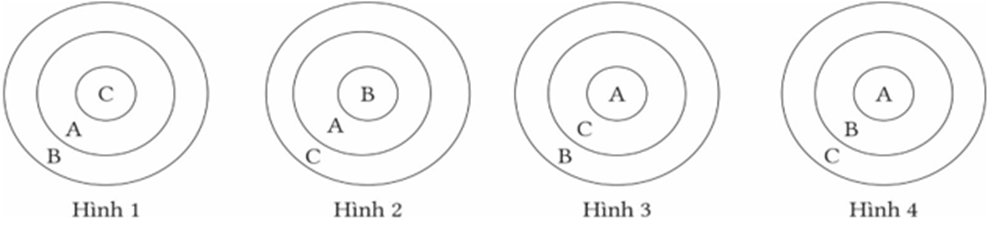 Cho các cấp tổ chức sống sau: (A). Quần thể; (B). Quần xã; (C). Hệ sinh thái. Hãy cho biết hình vẽ nào thể hiện rõ nhất mối quan hệ tương đối của các cấp tổ chức sống này?  (ảnh 1)