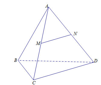 Cho tứ diện ABCD có M,N lần lượt là trung điểm của AC;AD. Đường thẳng MN song song với mặt phẳng nào sau đây (ảnh 1)