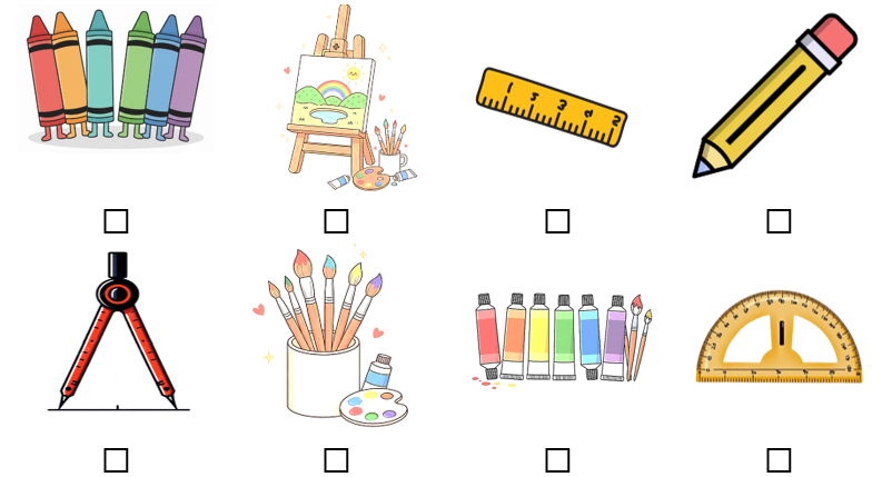 a) Đánh dấu ☑ vào những đồ dùng được sử dụng để vẽ tranh. (ảnh 1)