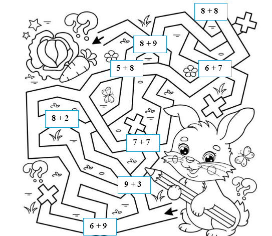 Em hãy giúp bạn mèo tô màu vào đường đi tìm thức ăn, biết rằng trên đường đi, bạn mèo đi qua các phép tính có kết quả lớn hơn 13.  (ảnh 1)
