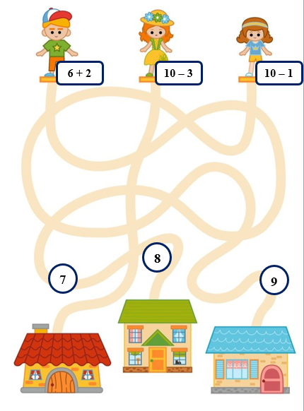 Thực hiện phép tính để tìm đường về nhà cho mỗi bạn nhỏ. Hãy tô màu đường đi của mỗi bạn. (ảnh 1)