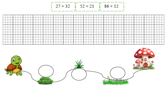 Em hãy giúp bạn rùa về nhà bằng cách thực hiện các phép tính dưới đây và điền kết quả vào chỗ trống theo thứ tự từ bé đến lớn. (ảnh 1)