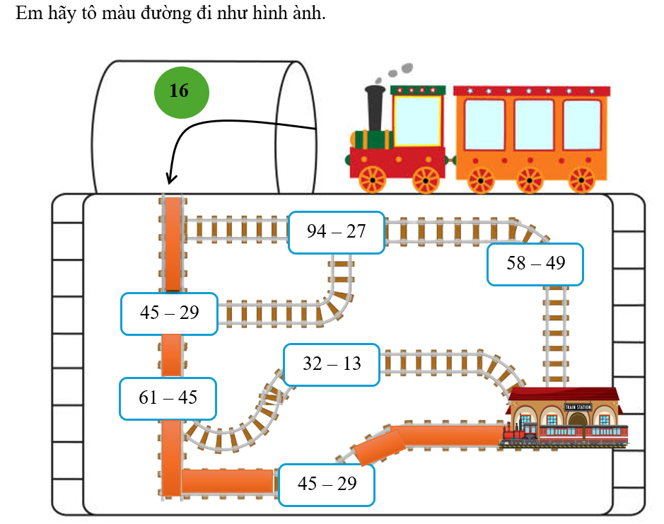 Để về ga, đoàn tàu phải đi qua các ô ghi phép tính có kết quả là 16. Hãy tô màu vào đường đi của đoàn tàu? (ảnh 2)