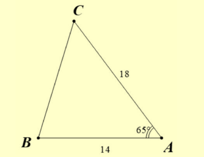Cho tam giác ABC có AB = 14,AC = 18, góc A = 65 độ (ảnh 1)