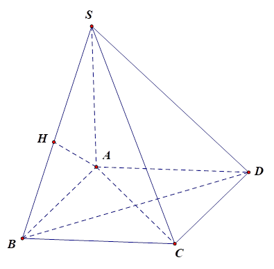 Cho khối chóp S.ABCD có đáy là hình vuông cạnh a, SA vuông góc với đáy và khoảng cách từ A đến mặt phẳng (SBC) bằng a căn bậc hai 2/2. Tính thể tích của khối chóp đã cho. (ảnh 1)