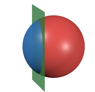 Một viên bi có dạng hình cầu, đường kính 2 cm được cắt thành hai phần bởi một mặt phẳng như hình vẽ. (ảnh 1)