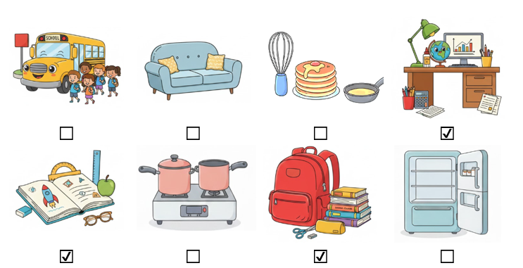 a) Đánh dấu ☑ vào những bức ảnh có đồ dùng học tập. (ảnh 1)