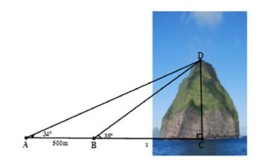 Để đo chiều cao của một ngọn núi người ta đứng ở các vị trí A,B cách nhau 500m (như hình vẽ) (ảnh 1)