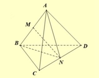 Cho tứ diện đều ABCD có cạnh bằng a. Khoảng cách giữa hai cạnh đối AB và CD bằng (ảnh 1)