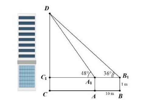 Muốn đo chiều cao của một t&ograve;a nh&agrave;, người ta lấy hai điểm \(A,B\) tr&ecirc;n mặt đất c&aacute;ch nhau 10 m c&ugrave;ng thẳng h&agrave;ng với ch&acirc;n C của (ảnh 1)